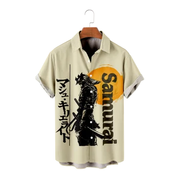 Гавайская рубашка для мужчин, летняя пляжная футболка Y2kStreetwear с самурайским рисунком, одежда оверсайз с коротким рукавом