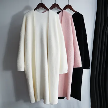 Вязаный кардиган с имитацией норки, пальто 2023, Корейский модный Свободный Длинный свитер, плюшевое пальто, женская однотонная одежда высокого качества