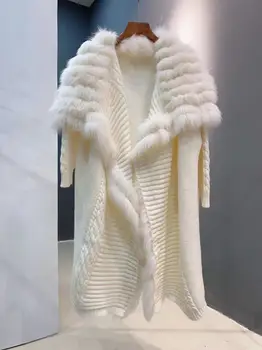 Ретро Винтаж, роскошные женские кремово-серые Модные повседневные пальто из натуральной шерсти с большим воротником из натурального лисьего меха
