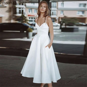Короткие белые свадебные пляжные платья чайной длины с V-образным вырезом на бретельках и открытой спиной, простые вечерние платья в стиле кантри, robes de soirée