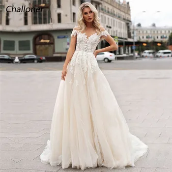 Элегантное свадебное платье Challoner из тюля с круглым вырезом, Кружевные аппликации, Короткие рукава, свадебные платья с иллюзионными пуговицами, Vestido De Novia New
