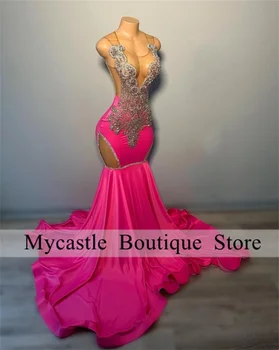 Сексуальное ярко-розовое платье Русалки для выпускного вечера 2023, платье для дня рождения с украшением в виде кристаллов для черных девушек, элегантное вечернее платье с прозрачным вырезом