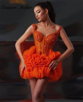 Милое Оранжевое расшитое бисером платье-спагетти для выпускного вечера, бальное платье с рюшами, платье на день рождения в Саудовской Аравии, роскошное мини-коктейльное платье 2023 года, robe de bal