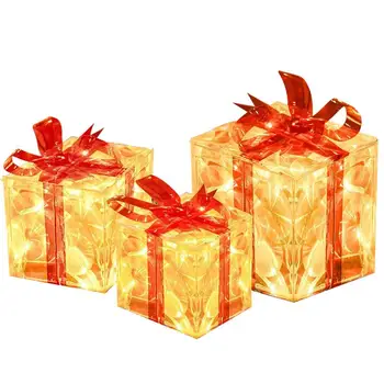 Подарочные коробки с рождественской подсветкой, 3 упаковки светодиодных мерцающих украшений для рождественских коробок с 2 режимами освещения, подарочные коробки с красными бантами Для
