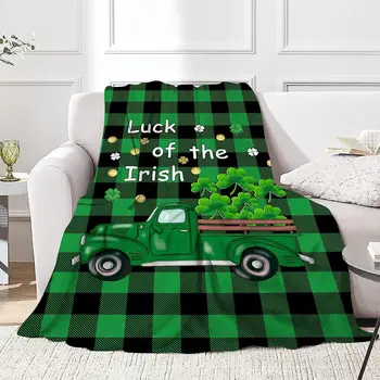 Зеленое клетчатое одеяло, ретро грузовик с клевером, подарок на праздник Счастливого Святого Патрика, уютные и мягкие плюшевые одеяла для кровати