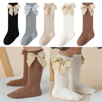 Весенне-осенние носки для маленьких девочек с бантом до колена, Сетчатые носки принцессы, Мягкие хлопковые кружевные открытые Длинные чулки для детей от 0 до 2 лет