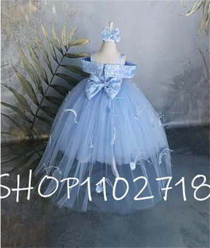 Голубое тюлевое платье в цветочек для девочки с открытыми плечами, платье принцессы на день рождения, нарядное свадебное платье подружки невесты для младших школьников