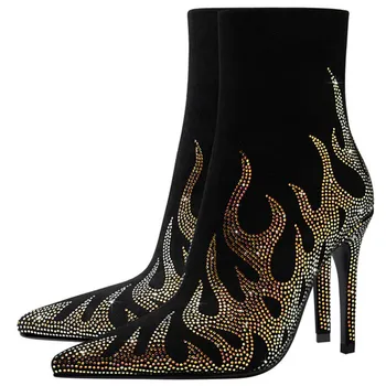 Новинка, женская обувь с огненным узором, Зима 2023, женские ботинки на шпильке с острым носком и кристаллами, нескользящие легкие Zapatos De Mujer