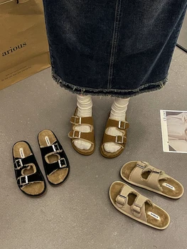 Женская обувь, плюшевые тапочки, новая модная хлопковая обувь с металлической пряжкой на осень и зиму 2023 года