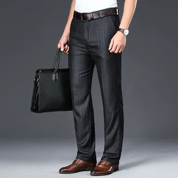 Повседневные мужские тонкие деловые летние брюки в полоску высокого класса, прямые, с высокой талией, для тренировок в офисе, свободная одежда