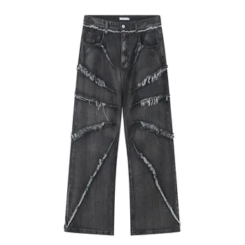Винтажные Рваные потертые джинсовые брюки с кисточками в стиле хип-хоп, синие свободные джинсовые брюки для мужчин в стиле пэчворк