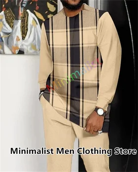 Комплект мужского спортивного костюма 2023, модная клетчатая футболка с длинными рукавами + брюки, костюм из 2 предметов, повседневная уличная одежда оверсайз большого размера