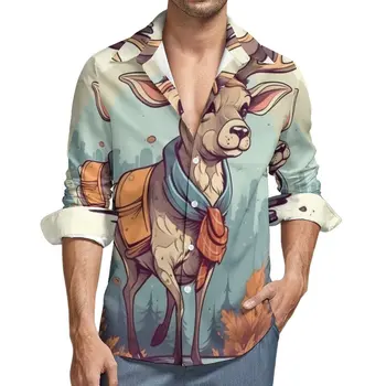 Повседневные рубашки с оленями, мужская рубашка в стиле мультяшной природы с длинным рукавом, Винтажные эстетичные блузки, Весенний дизайн одежды, большие размеры