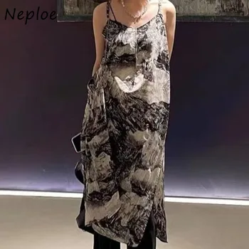 Женское платье с регулируемым ремешком с винтажным чернильным принтом Neploe, летние Сексуальные шифоновые платья с разрезом в стиле модерн Y2k, Гранж, нерегулярные платья с разрезом