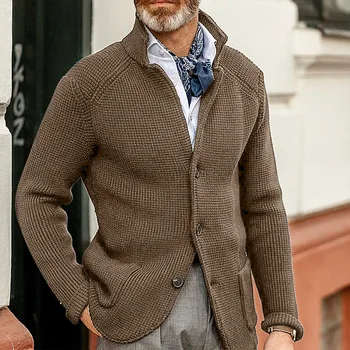 Однобортный вязаный кардиган с длинным рукавом и воротником-стойкой, свитер, трикотаж, верхняя одежда, пальто, осенне-зимний свитер для мужчин 2023 г.