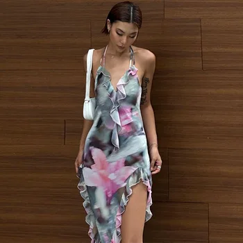Женская одежда 2023, осенний цветок, сексуальное облегающее платье на шнуровке с воланами на спине, асимметричный топик с многоярусной отделкой