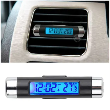 Автомобильный цифровой ЖК-термометр 2 в 1, часы-календарь, автомобильные часы с синей подсветкой с зажимом