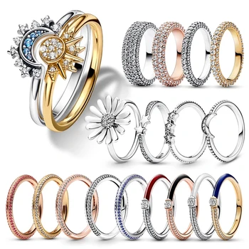 Летнее Небесно-Голубое Сверкающее кольцо с Луной и Солнцем Для женщин, Коктейльное Наращиваемое кольцо на палец, Модные Серебряные украшения