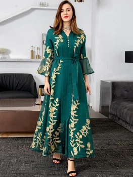Длинное Арабское платье с цветочной вышивкой и расклешенными рукавами Для женщин Джалабия Дубай Кувейтский Марокканский Кафтан Мусульманская Абайя Рамадан Ид
