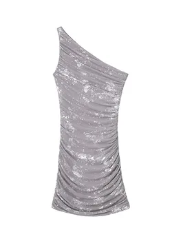 Летнее новое женское мини-платье без рукавов из шелковой сетки с металлическим принтом на одно плечо асимметричного дизайна.