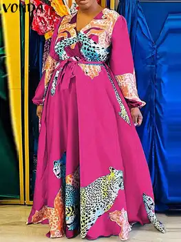 Плюс Размер 5XL, женское летнее платье VONDA 2023, повседневный сарафан с V-образным вырезом и винтажным принтом, Богемный халат с длинным рукавом-фонариком и поясом