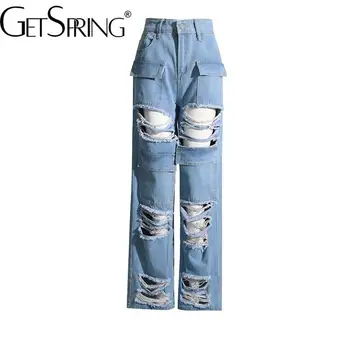 Женские джинсовые брюки Getspring 2023, осенние джинсы с рваной строчкой, женские джинсы с высокой талией, широкие Свободные повседневные Длинные джинсовые брюки