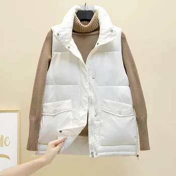 Модный однотонный Корейский женский жилет, новинка 2023, осенне-зимние Женские хлопчатобумажные пальто без рукавов с толстым воротником-стойкой