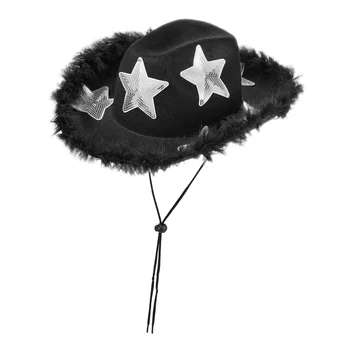 Женская ковбойская шляпа с мягкими широкими полями, украшенная блестками, ковбойская шляпа в стиле вестерн со звездным пером для клубной вечеринки