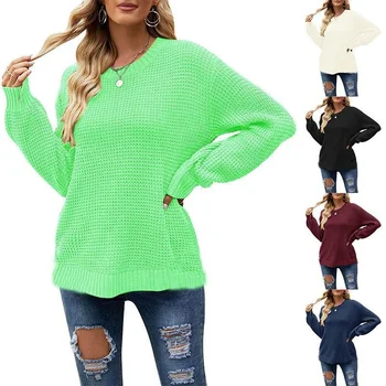 2022 Осенне-Зимний Повседневный пуловер с круглым вырезом и длинным рукавом свободного однотонного цвета, вязаный свитер для женщин