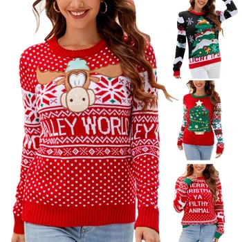Женский Рождественский вязаный свитер со снежинками и оленями, пуловер с длинным рукавом, Трикотажные топы с мультяшным принтом