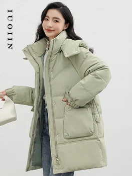 Зимние куртки для женщин, пальто 2023, зимняя длинная теплая офисная женская куртка с капюшоном и карманами, классическая однотонная верхняя одежда из хлопка на пуху и молнии