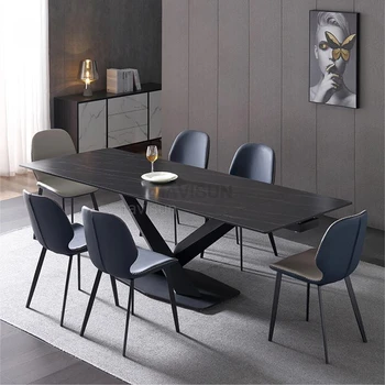 Итальянский обеденный стол из легкой роскошной каменной плиты, Удлиненный Складной Прямоугольный Бытовой Кухонный стол, Черная Минималистичная мебель
