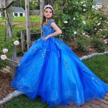 Винтажное Бальное платье В виде Сердца, Синие Пышные Платья, 3D Цветочный Тюль С Открытыми Плечами, Милое Вечернее платье Принцессы 15-16 лет