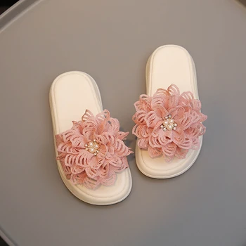 Универсальные тапочки с открытым носком для девочек с цветами 2023 года, Милые Нескользящие Детские Повседневные туфли в европейском и американском стиле, Детская обувь Принцессы из искусственной кожи