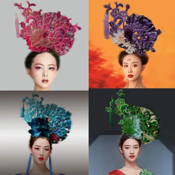 Головной убор в китайском стиле веерообразной формы, подходящий для фотосъемки на соревнованиях, украшения для выступлений, моделирование макияжа, аксессуары для волос