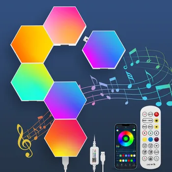 6 ШТ. RGB светодиодный ночник с сенсорным управлением из приложения, синхронизированный с музыкой, светодиодная квантовая лампа, модульная шестиугольная креативная декоративная лампа