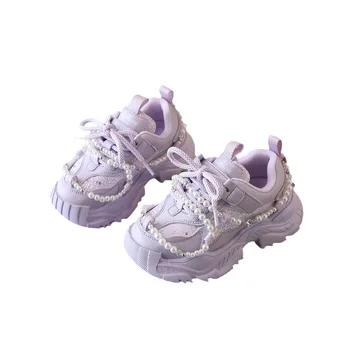 Осенние модные спортивные кроссовки для бега для детей, дышащие кроссовки на мягкой платформе с жемчугом для девочек