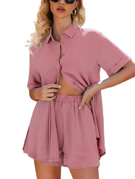 Женская пляжная одежда из 2 предметов, летняя рубашка с коротким рукавом и разрезом на пуговицах + шорты, комплект в тон для отпуска