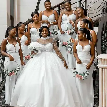 Бальное платье Нигерийское свадебное платье С Высоким воротом, жемчуг, Длинные рукава, атлас, Сшитые на заказ, Большие размеры, Африканские свадебные платья