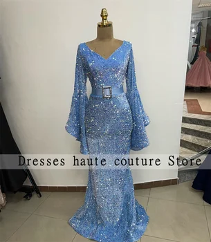 Роскошные Вечерние платья Саудовской Аравии Blue Mermaid 2023 С длинными рукавами и блестками, Пояс, Свадебное платье Дубая, Платья для выпускного вечера, Халаты De Soirée