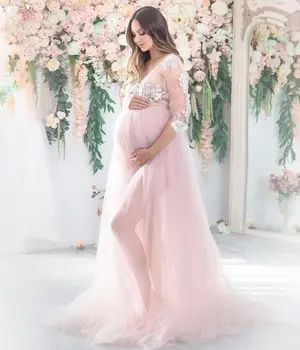 Розовые платья для беременных с аппликацией, Длинный халат, пижамы для выпускного вечера, Тюлевые ночные рубашки, свадебное будуарное платье для фотосессии