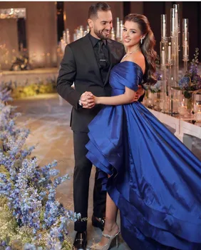 Элегантные вечерние платья Hi-Lo из голубой тафты с открытыми плечами, Асимметричное плиссированное платье для выпускного вечера Robe de soirée для женщин