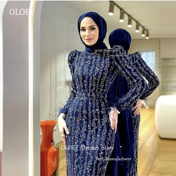 OLOEY Блестящие кружевные мусульманские арабские женские вечерние платья темно-синего цвета с кружевными перьями русалки в Дубае для официальных мероприятий, платья для выпускного вечера, Хиджаб