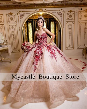 Розово-Золотое Кружевное Бальное Платье Quinceanera Dress 2023 С Красными Аппликациями Из бисера Sweetheart Sweet 16 Dress Vestidos De 15 Quinceanera