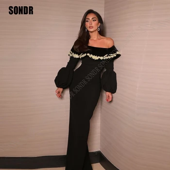 SONDR Простые кружевные СаудовскоАрабские женские вечерние платья С длинными рукавами, черные вечерние платья для официальных мероприятий длиной до пола, коктейльные платья.