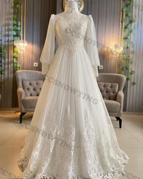 Аппликации Шифоновое Мусульманское Свадебное Платье для Невесты С Длинным Рукавом Арабское Свадебное Платье С Высоким Вырезом Хиджаб Robe De Soirée De Mariage