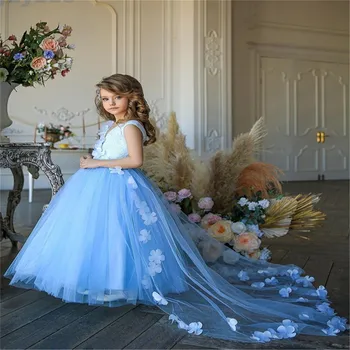 Платье для девочки в цветочек, голубое, с аппликацией из пушистого тюля, с V-образным вырезом, свадебное, элегантное, с маленьким цветочком, детское платье для причастия, подарок на день рождения