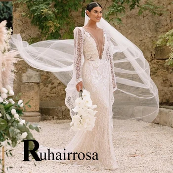Очаровательное свадебное платье Ruhair с расклешенными рукавами и открытой спиной, расшитое блестками, глубокий V-образный вырез, кружевные аппликации, индивидуальное свадебное платье для невесты