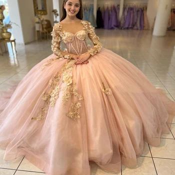 Розовые Блестящие Пышные платья принцессы С длинными рукавами, Бальное платье с золотистыми кружевными аппликациями, 3DFlower Sweet 16, платье Vestidos De 15 Años