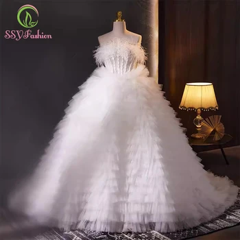 SSYFashion Роскошное белое вечернее платье для женщин, Романтическая принцесса, без бретелек, с перьями, в стиле торта, Вечерние вечерние платья Vestido